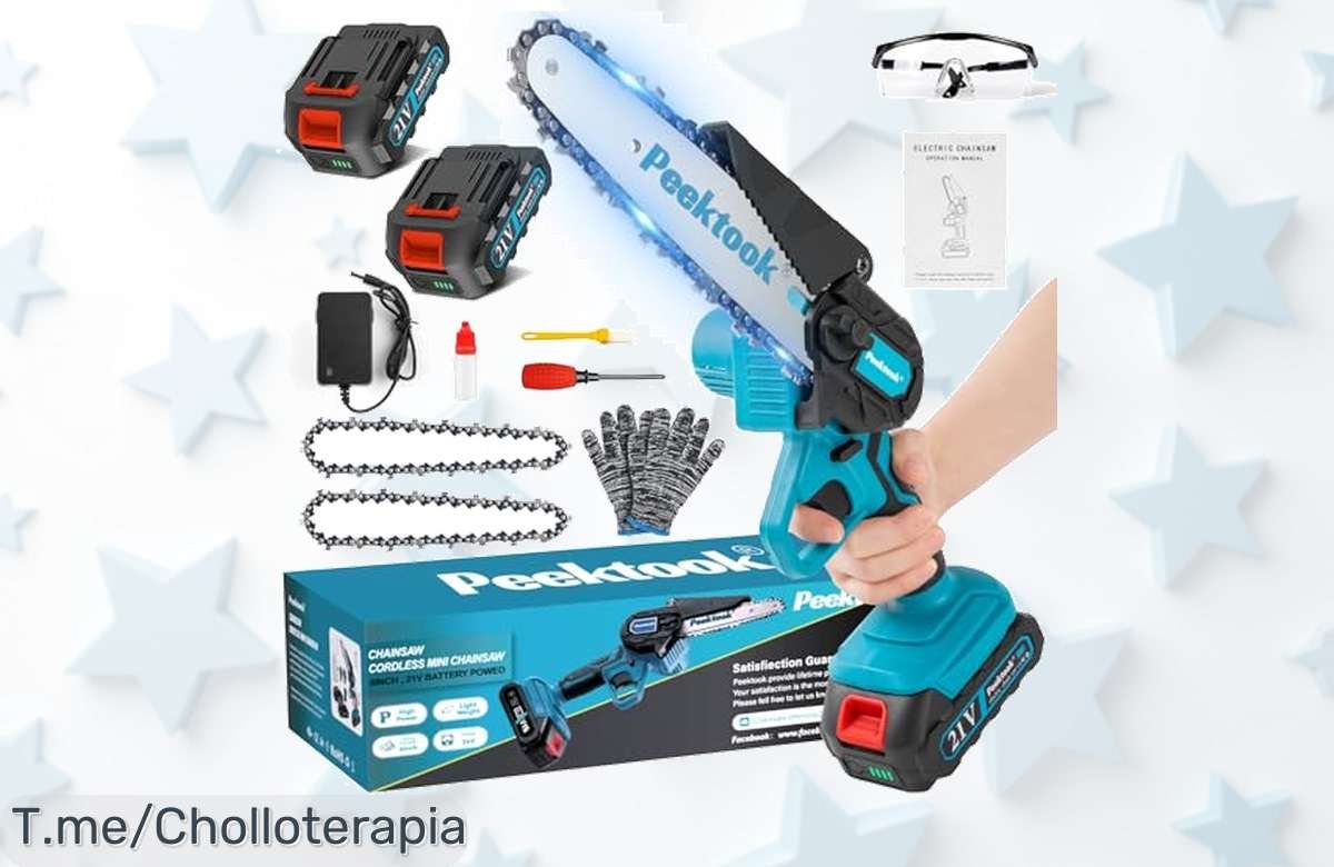 Transforma tu jardín sin esfuerzo con la mini motosierra a batería, llevándote 2 baterías y 2 cadenas. ¡No te quedes sin este super chollo! ¡Compra ahora antes de que se agoten!