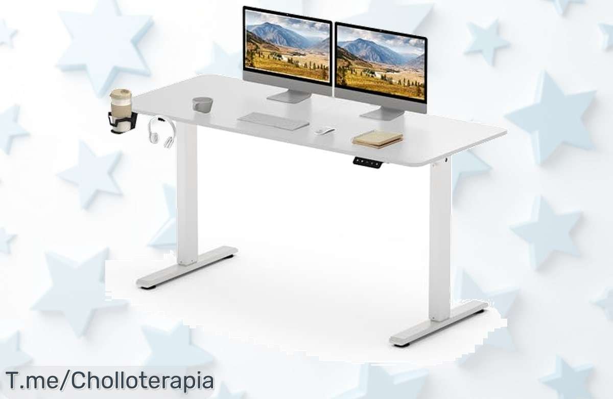 Transforma tu trabajo con el escritorio elevable eléctrico, ajustable de 71 a 116 cm y con portabotellas. ¡No te pierdas este ofertón limitado!