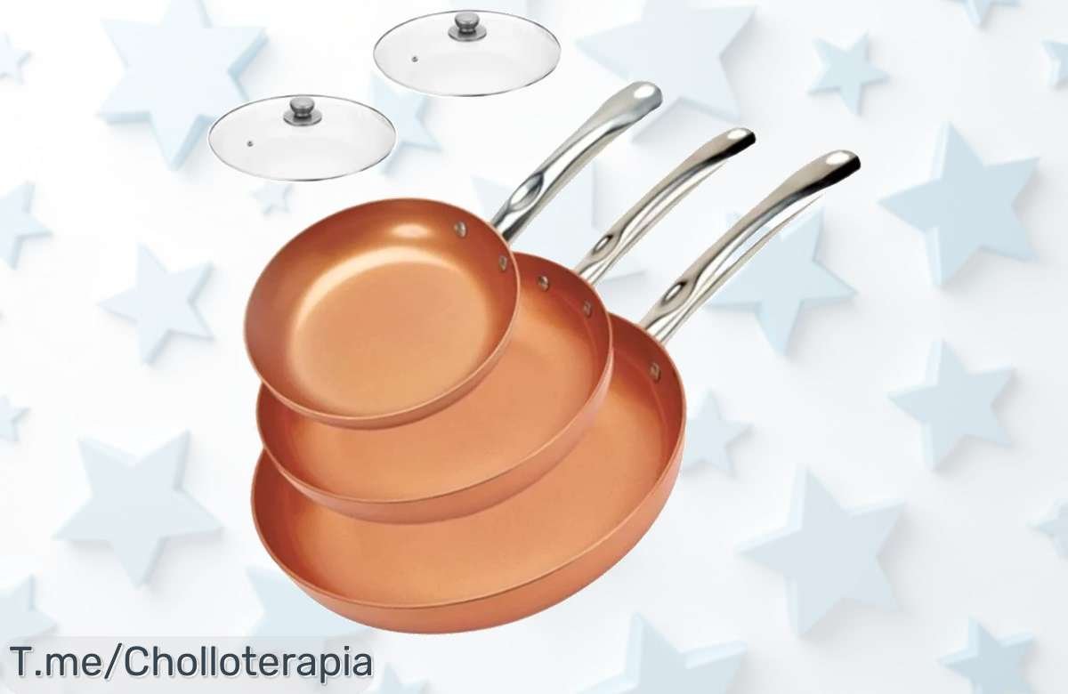 Cocina como un chef con nuestro set de sartenes antiadherentes en color cobre: ¡3 piezas y 2 tapas a precio loco! Oferta increíble, solo por tiempo limitado. ¡Compra ahora!