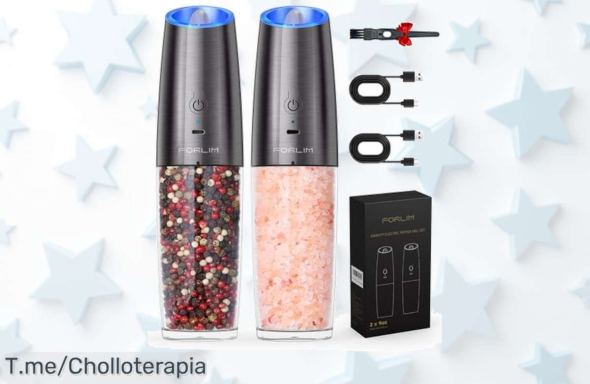 Descubre el molinillo de pimienta recargable que muele solo, ajusta grosor y tiene luz LED; un super chollo para llevar tu cocina al siguiente nivel. ¡Compra ya antes de que se acabe!