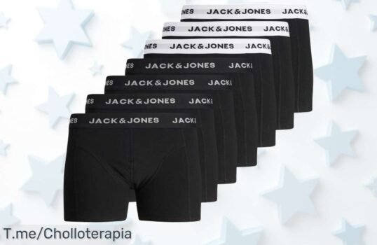 Descubre el ofertón de 7 bóxers Jack & Jones en algodón elástico, un super chollo para tu armario ¡No te quedes sin ellos! Apresúrate, la promoción es limitada