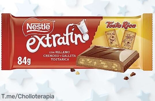 Descubre el sabor único de NESTLÉ EXTRAFINO chocolate con galleta Tosta Rica, un ofertón irresistible que no puedes dejar pasar; ¡compra ahora y disfruta cada bocado antes de que se agoten!