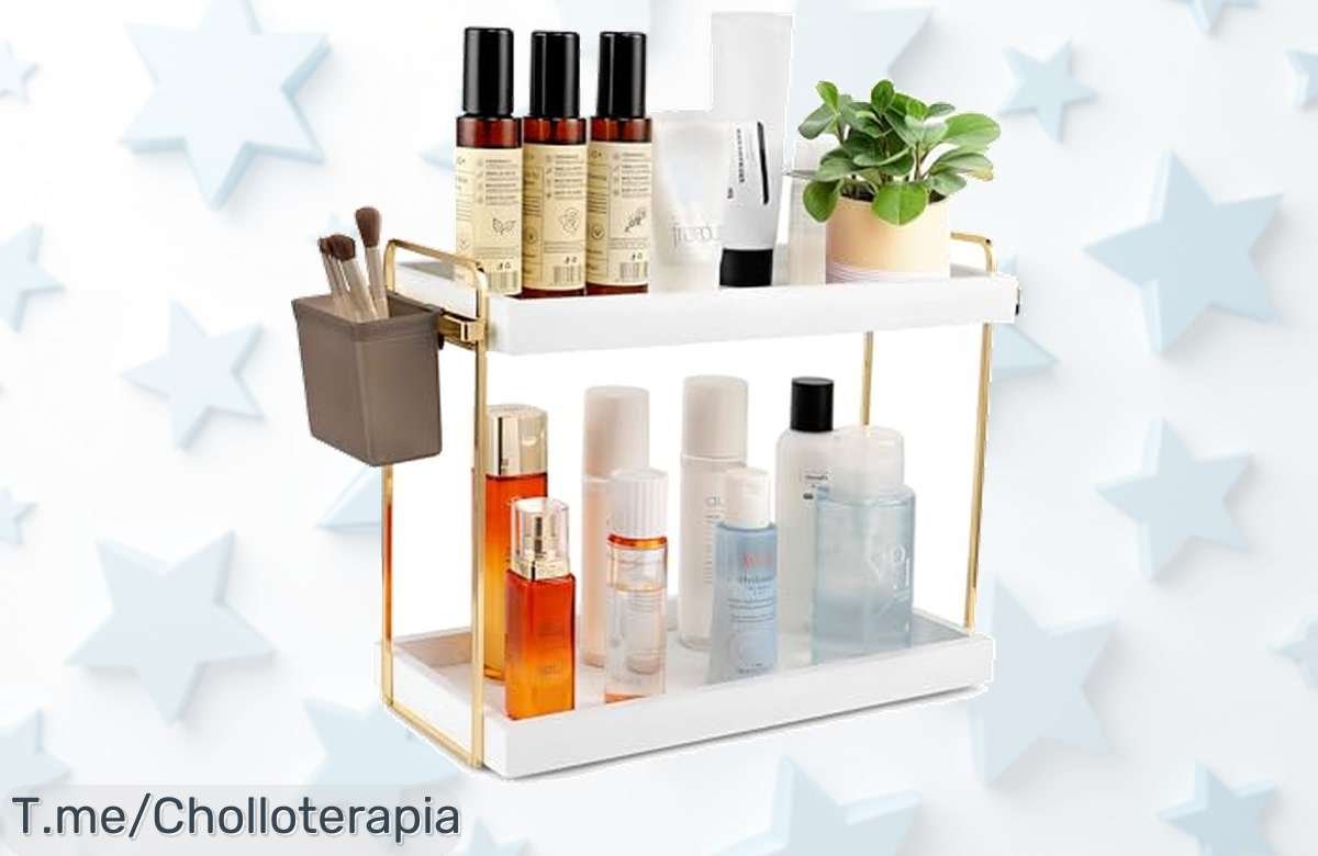 Transforma tu baño con el organizador de 2 niveles, fácil de montar y perfecto para tus productos. ¡Aprovecha este ofertón antes de que se agote!