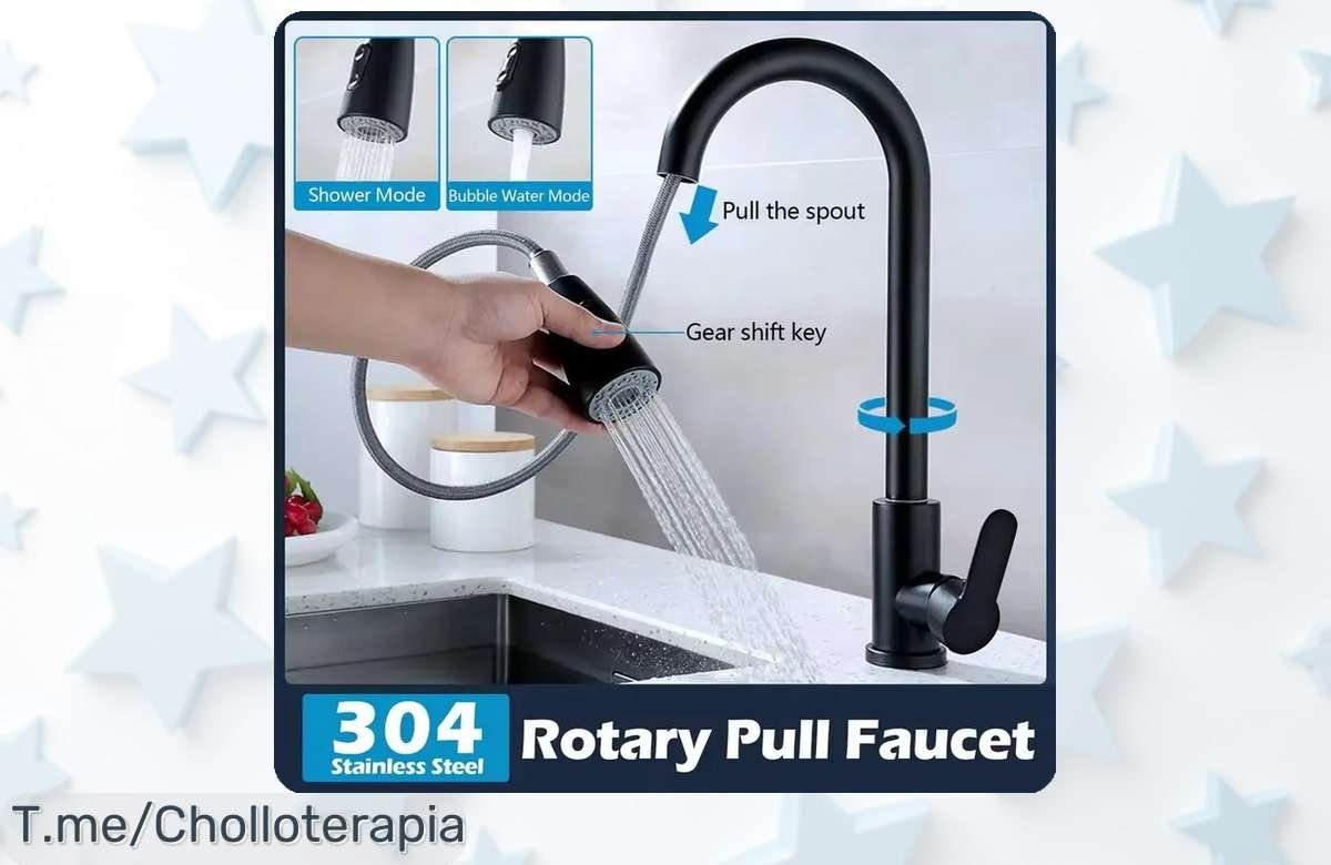 Transforma tu cocina con el grifo de acero inoxidable más práctico, caño extraíble y giro 360 para una limpieza sin esfuerzo. ¡Aprovecha este ofertón temporal y compra ya!