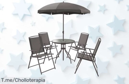 Transforma tu espacio exterior con el super chollo de sillas y mesa con sombrilla, ¡diseño moderno que todos envidiarán! Aprovecha esta oferta limitada antes de que se acabe
