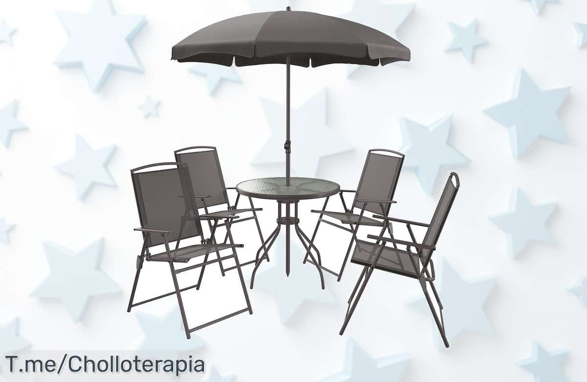 Transforma tu espacio exterior con el super chollo de sillas y mesa con sombrilla, ¡diseño moderno que todos envidiarán! Aprovecha esta oferta limitada antes de que se acabe.