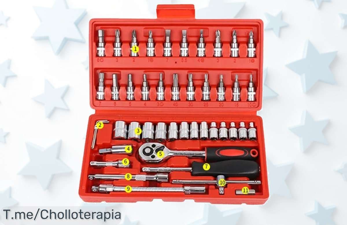 Transforma tus reparaciones con nuestro juego de herramientas de 46 piezas: ¡fuerza y precisión al alcance de tu mano! No te pierdas este ofertón limitado, actúa ya antes que se acabe.