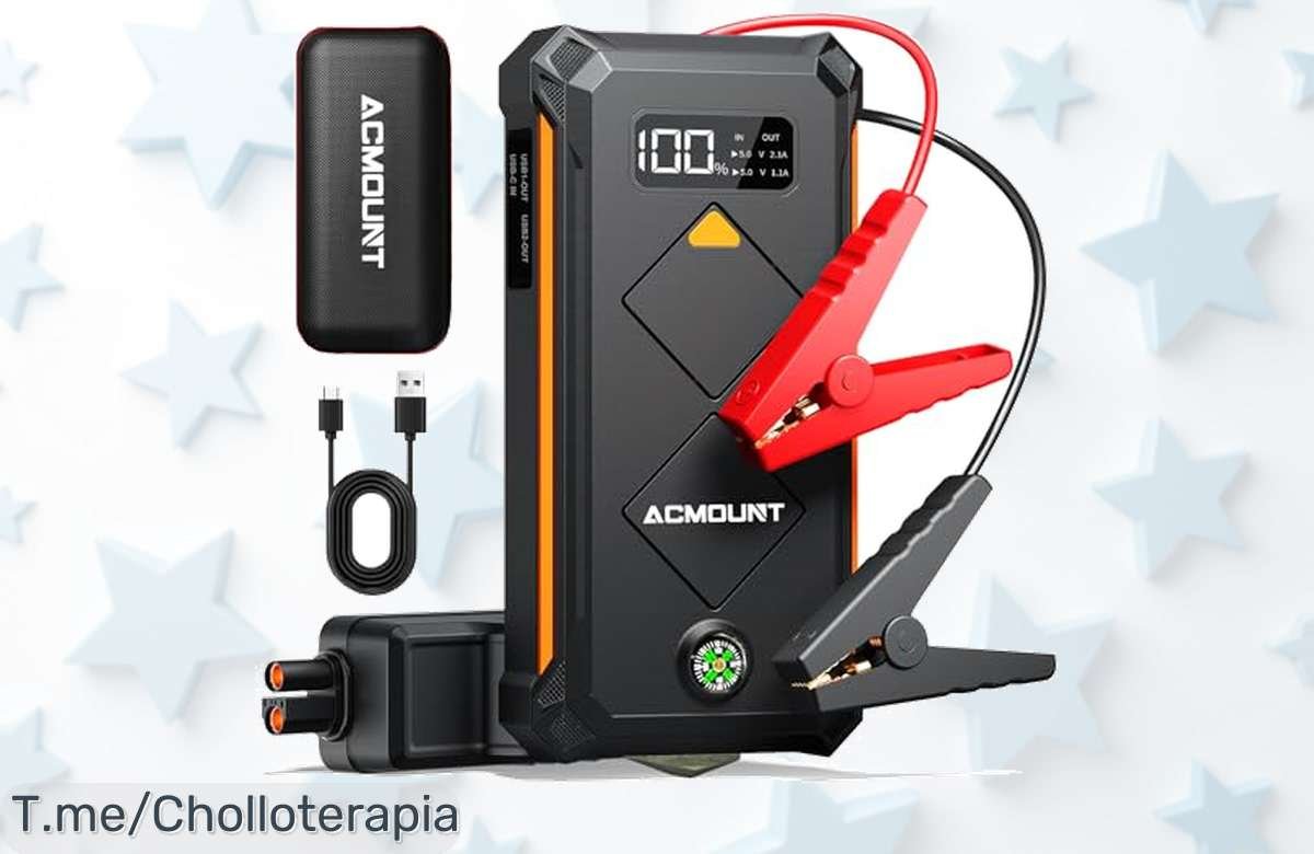 Arrancador de coche ACMOUNT a precio loco con 4000A, ideal para cualquier motor. ¡Super chollo, incluye linterna LED! No te quedes sin el tuyo, acción limitada ya.