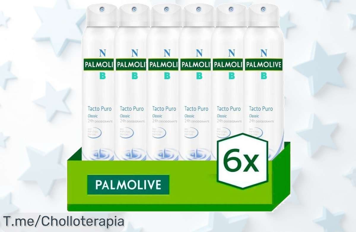 Consigue el desodorante spray Palmolive Tacto Puro 24h en un pack de 6 y despídete de las manchas blancas con este ofertón único. ¡Actúa ya antes que se agote!