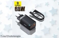¡Descubre el Cargador Baseus GaN de 65W! Velocidad de carga a rayo, perfecto para tu laptop e iPhone Super chollo en oferta limitada, ¡no te lo pierdas y actúa ya!