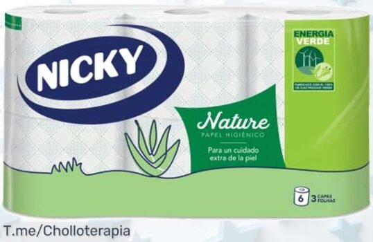 Descubre el chollazo de papel higiénico Nicky Nature: 6 rollos suaves como nubes con aloe vera, ¡una frescura única que no puedes dejar pasar! Actúa rápido y consigue esta oferta limitada