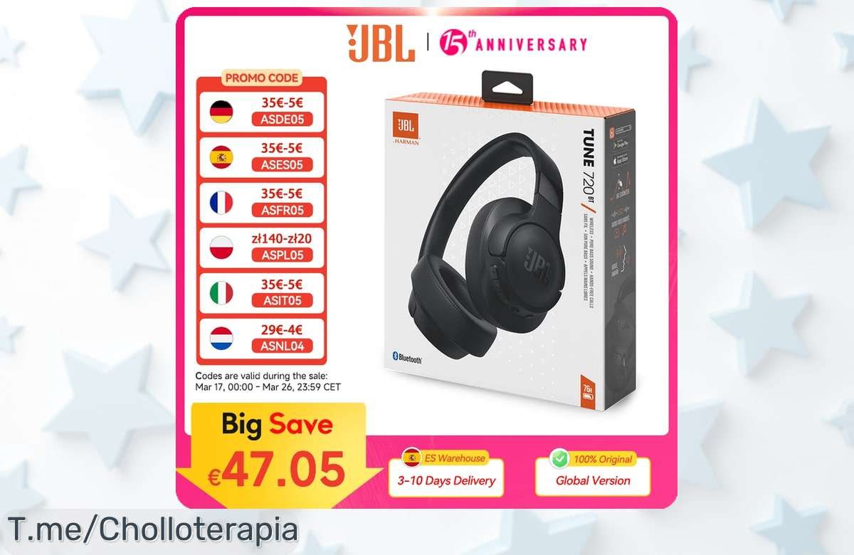 Descubre el super chollo de JBL TUNE 720BT, auriculares inalámbricos que hacen vibrar tu música. Aprovecha este ofertón y compra ya antes de que se agoten.