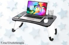 Descubre el super chollo de mesa plegable XL para portátil con compartimento para bebida y tablet, ¡aprovecha el descuento brutal antes que se agote!