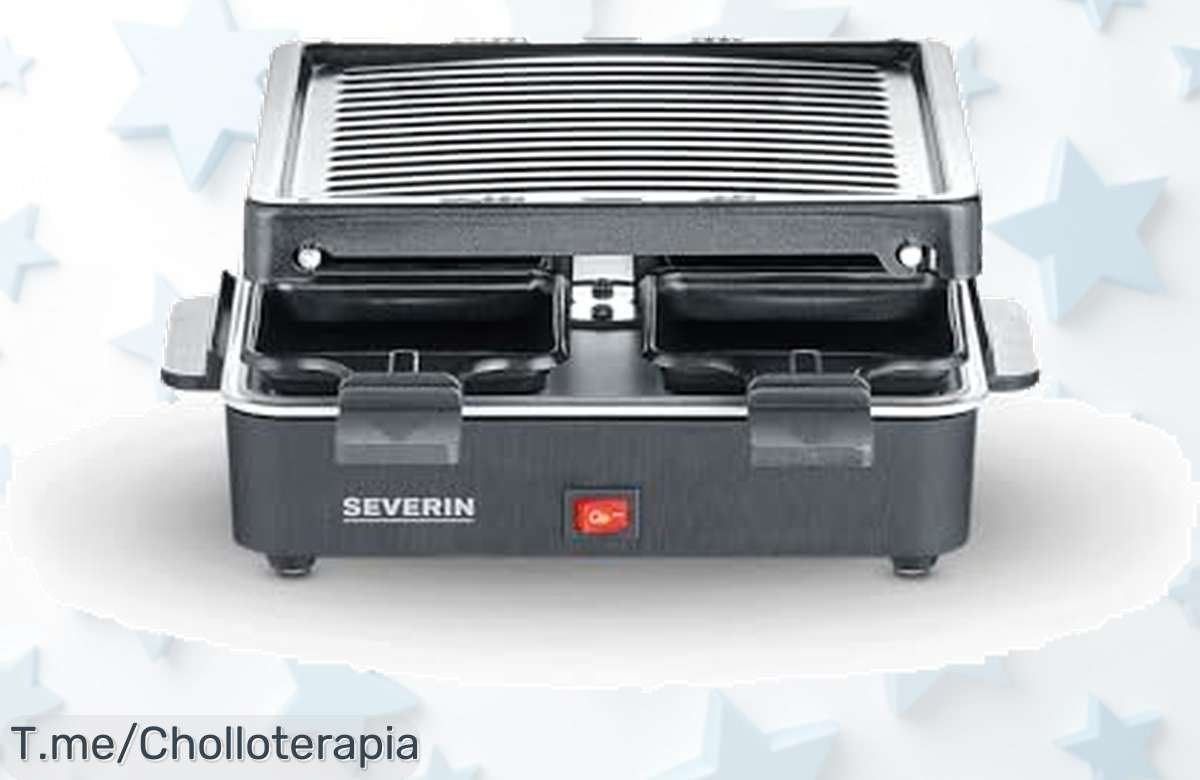 Descubre la Mini Raclette Severin: parrilla antiadherente y espacio para 4 sartenes, ¡el super chollo que hará de tus reuniones una fiesta! Compra ahora antes de que se agoten.