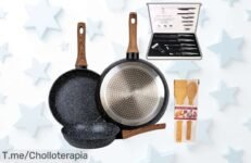 Set de 3 Sartenes con Revestimiento Antiadherente a la Piedra y Cuchillos de Bambú ¡Oferta exclusiva que no podrás dejar pasar, compra ya antes que se agote!