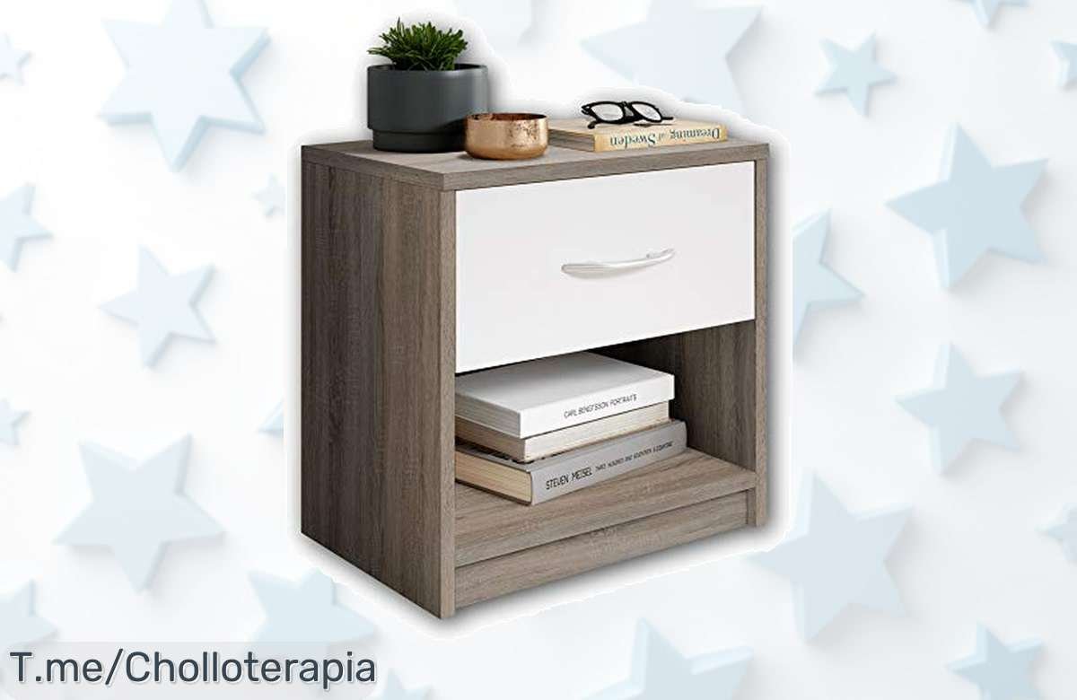 Transforma tu dormitorio con la mesilla PEPE: diseño moderno y funcional, amplia capacidad y montaje fácil. ¡No dejes pasar este ofertón limitado que hará brillar tu habitación!
