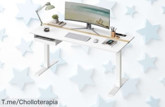 Transforma tu espacio de trabajo con el escritorio regulable en altura, ajusta a tu medida y carga tus dispositivos fácilmente ¡No te pierdas este ofertón limitado, compra ya!