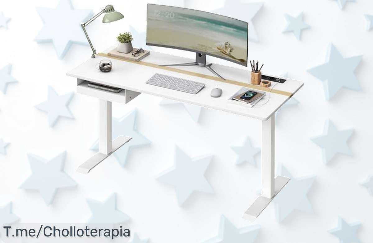 Transforma tu espacio de trabajo con el escritorio regulable en altura, ajusta a tu medida y carga tus dispositivos fácilmente. ¡No te pierdas este ofertón limitado, compra ya!