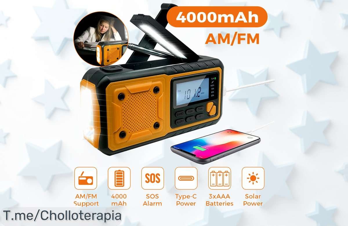 ¡Descubre el radio solar y manivela de carga! Ideal para emergencias, con linterna LED y función cargador. Aprovecha este ofertón que solo está por tiempo limitado, ¡compra ahora!
