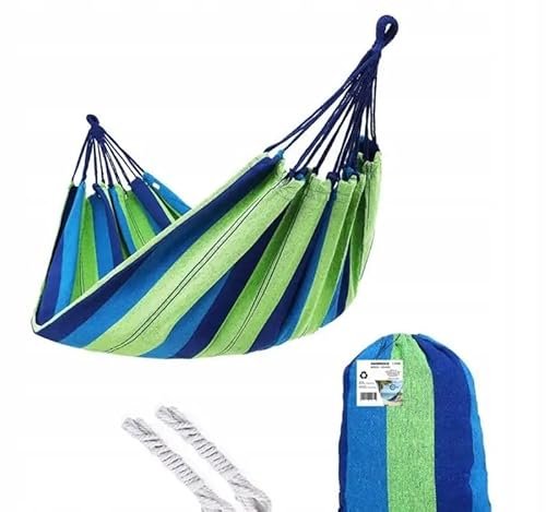 Hamaca Rayas Azul y Verde: Lleva el aire libre contigo con este ofertón limitado, incluye bolsa de transporte y cuerdas resistentes. ¡Compra ya antes que se agoten!