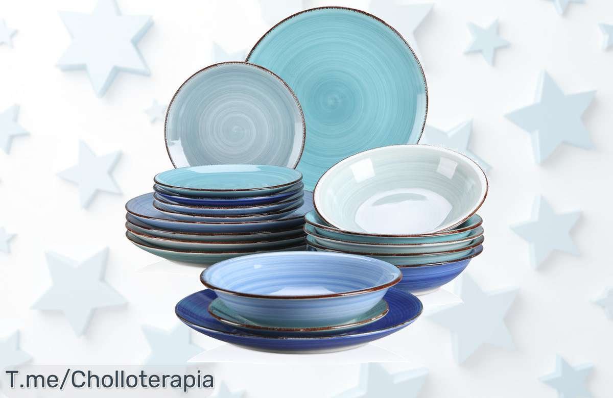 Haz brillar tu mesa con la vajilla Vancasso BONITA de 18 piezas en azul; un super chollo que hará que tus cenas sean inolvidables. ¡Compra ahora antes de que se agoten!