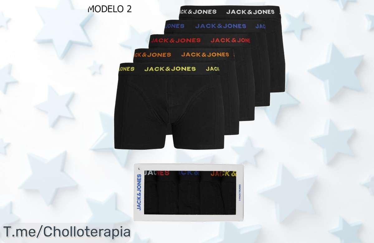 ¡Impulsa tu estilo con el pack de 5 calzoncillos Jack & Jones! Con un tejido suave y cómodo que cuida tu piel, aprovecha este ofertón único antes de que se agote. ¡Compra ya!