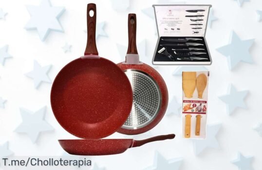 Transforma tu cocina con nuestro set de 3 sartenes antiadherentes y utensilios a un precio loco, ¡no te quedes sin el super chollo! Stock limitado, actúa ya