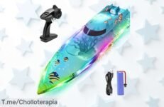 ¡Atrapa la diversión con este barquito teledirigido! Luces LED brillantes y batería recargable, un super chollo para disfrutar en verano ¡No dejes pasar esta oferta limitada!