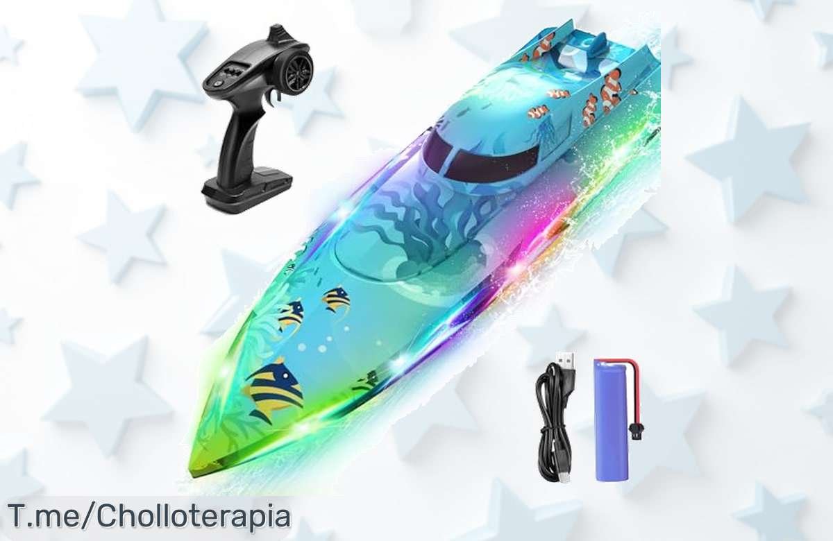 ¡Atrapa la diversión con este barquito teledirigido! Luces LED brillantes y batería recargable, un super chollo para disfrutar en verano. ¡No dejes pasar esta oferta limitada!