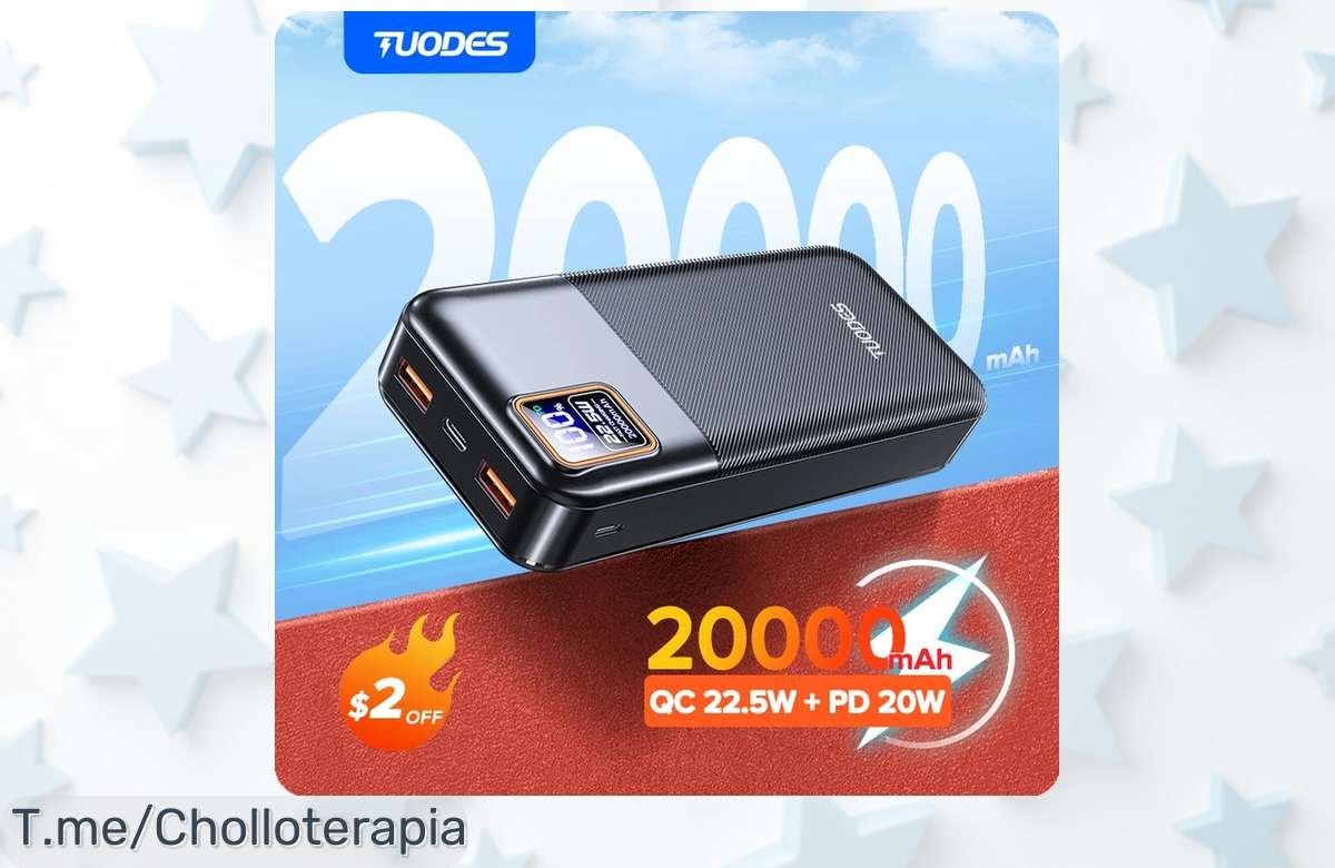 Cargador portátil Tuodes 20000 mAh a precio loco, carga rápida para iPhone y Samsung, nunca más sin energía. ¡Aprovecha este ofertón antes de que se agote!