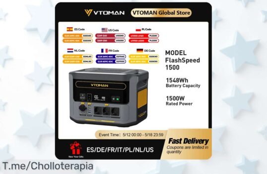 Descubre el VTOMAN FlashSpeed 1500, la energía portátil que nunca falla en tus aventuras ¡No te pierdas este ofertón antes de que se agote! Actúa ya y asegúrate el tuyo