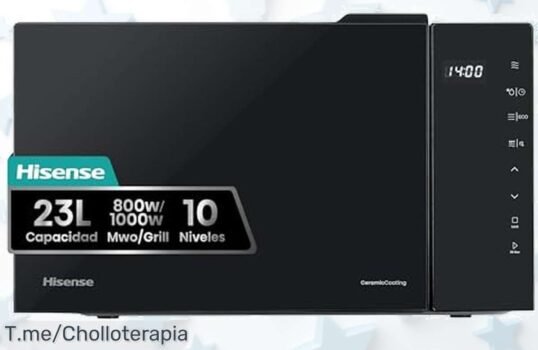 Descubre el microondas Hisense H23MOBS5HG4 con grill y 10 potencias, ¡una limpieza fácil que te hará la vida más sencilla! Aprovecha este ofertón antes de que se acabe
