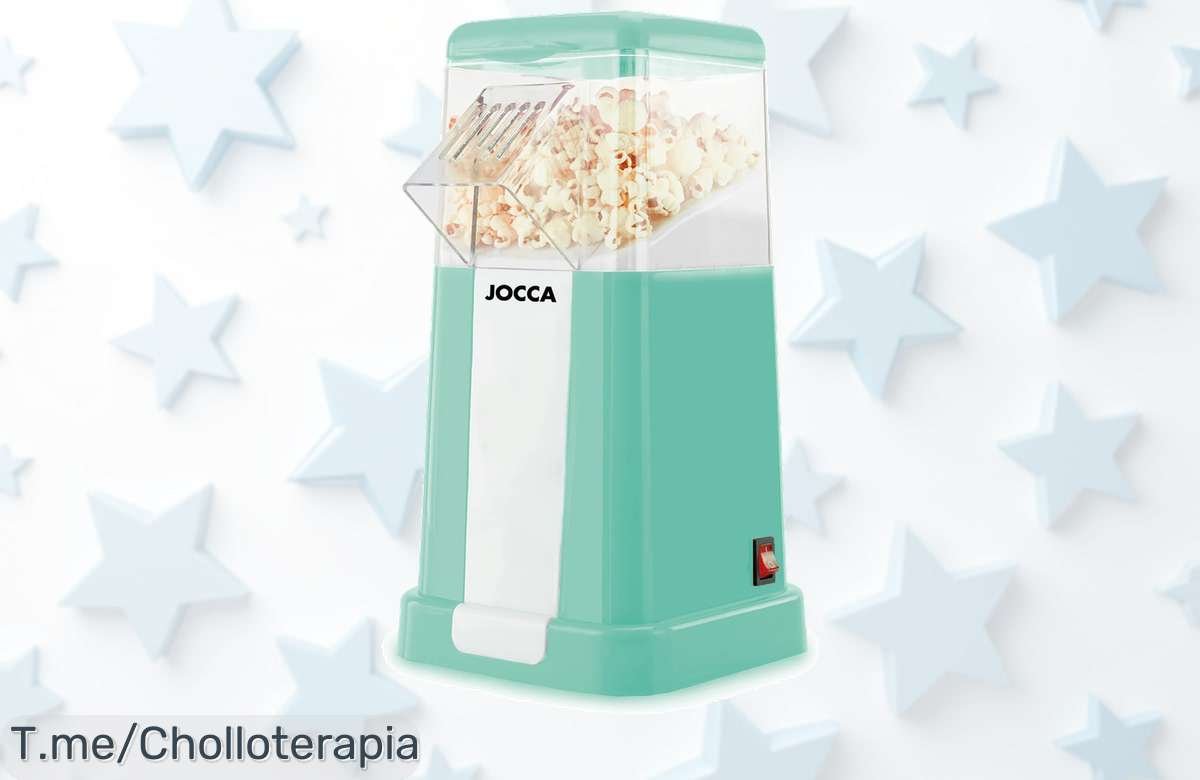 Descubre el palomitero turquesa Jocca: ¡prepara deliciosas palomitas en solo 3 minutos y sin grasas! Ofertón nunca visto, tu cine en casa te espera. Compra ya antes que se acabe.