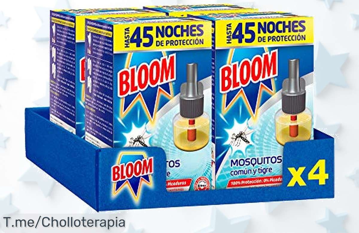Descubre la oferta loca del Bloom Líquido Recambio: ¡4 packs de pura protección contra mosquitos! Dura 45 noches sin picaduras. ¡Actúa rápido y no te quedes sin el tuyo!