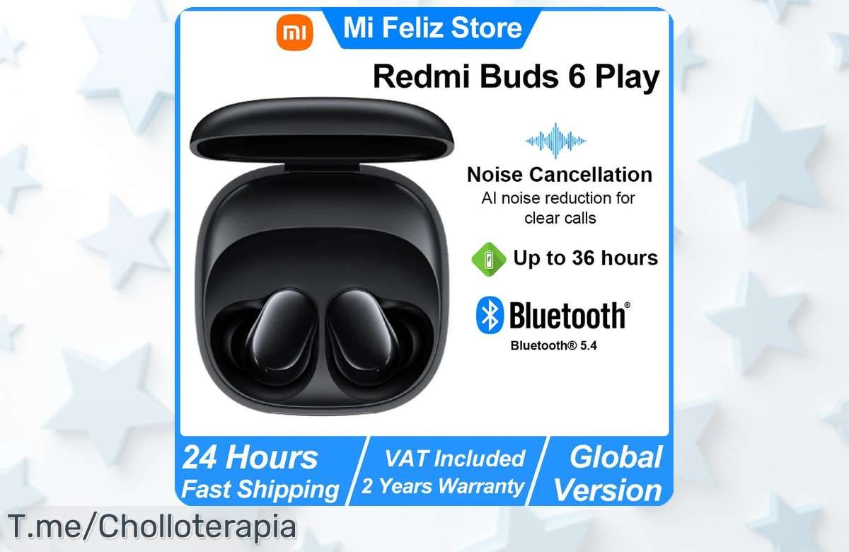 Descubre los Xiaomi Redmi Buds 6 Play con Bluetooth 5.4 y reducción de ruido IA, ¡ofertón nunca visto! Quedan pocas unidades, date prisa y consigue tu super chollo ahora mismo.