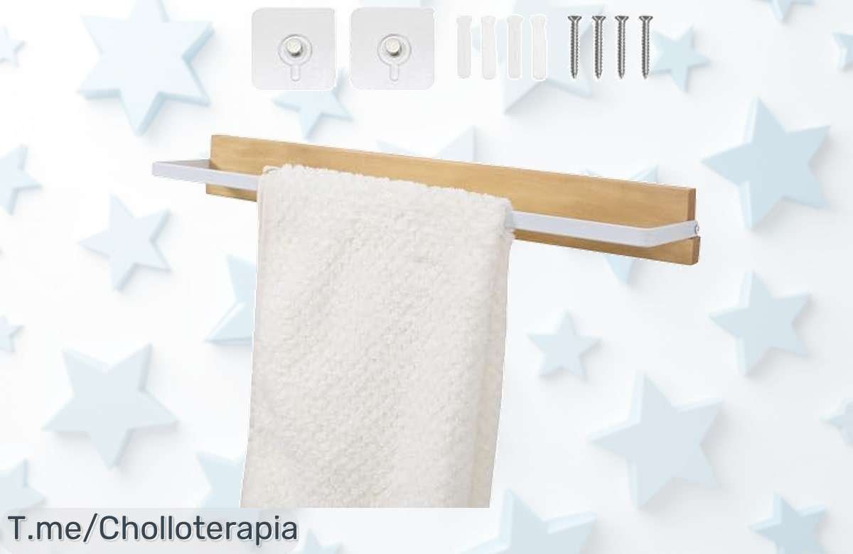 Transforma tu baño con el toallero de madera sin taladro: elegante, fácil de instalar y duradero. ¡No te pierdas este ofertón antes que se agote!