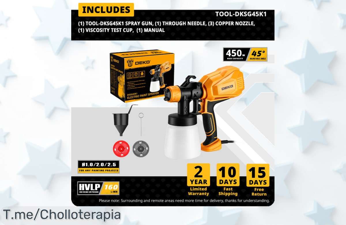 Transforma tu hogar con la pistola de pulverización DEKO DKSG45K1: ¡potencia brutal y 3 boquillas para proyectos increíbles! No te pierdas este super chollo, ¡compra ya!