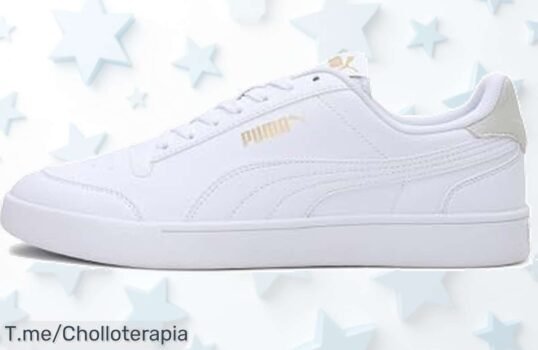 Compra ahora Puma Shuffle blanco con toque dorado precio loco que impulsa tu ritmo y estilo un súper chollo con descuento brutal oferta nunca vista corre ya quedan pocas