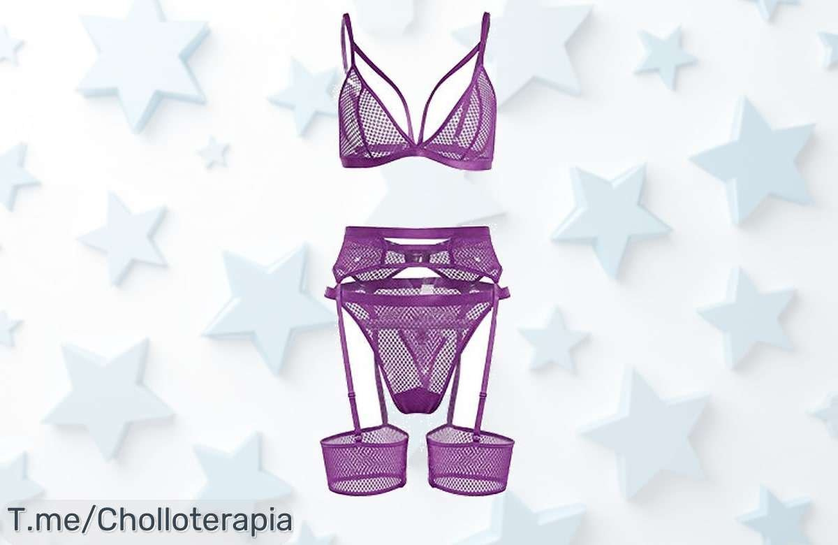 Conjunto de lencería sexy morado en encaje y malla con push up super chollo con descuento brutal nunca visto precio loco limitado corre antes que acabe