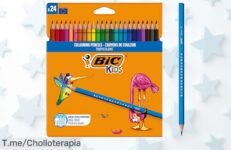 Consigue los lápices de colores BIC Kids con 24 tonos vivos que no se rompen ni mordiendo en un ofertón único descuento brutal nunca visto corre ya precio loco y limitada oferta