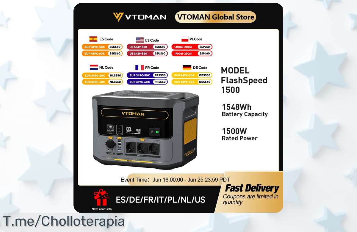 Descubre la estación Vtoman FlashSpeed 1500 con 1548Wh y pico de 3000W un ofertón único que transforma tu camping y hogar precio loco nunca visto ¡aprovecha ya antes de que desaparezca!