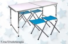 Descubre la mesa plegable Aktive para 4 con taburetes incluidos precio loco nunca visto súper ligera y resistente un super chollo que no puedes dejar pasar compra ya este ofertón limitado