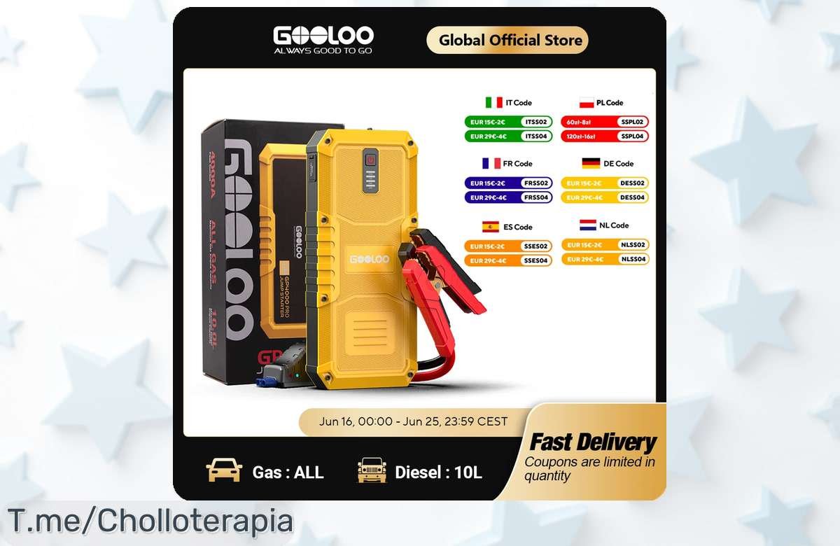 Gooloo 4000A súper arrancador con potencia brutal y 26800mAh para coches gasolina y diésel descubre este ofertón con descuento brutal precio loco limitado ¡corre ya!