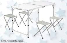 Mesa plegable XXL con 4 taburetes ajustables en altura que se guardan como maleta disfrútala para camping y jardín ¡descuento brutal por tiempo limitado aprovecha este ofertón!