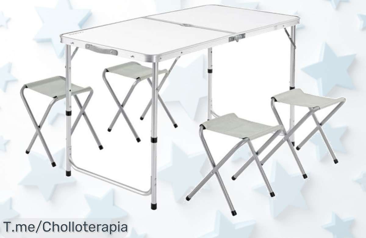 Mesa plegable XXL con 4 taburetes ajustables en altura que se guardan como maleta disfrútala para camping y jardín ¡descuento brutal por tiempo limitado aprovecha este ofertón!