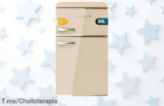 Nevera pequeña retro beige con alarma y luz interior un ofertón con descuento brutal para tener todo fresco corre que vuelan esta oferta única de precio loco no la pierdas
