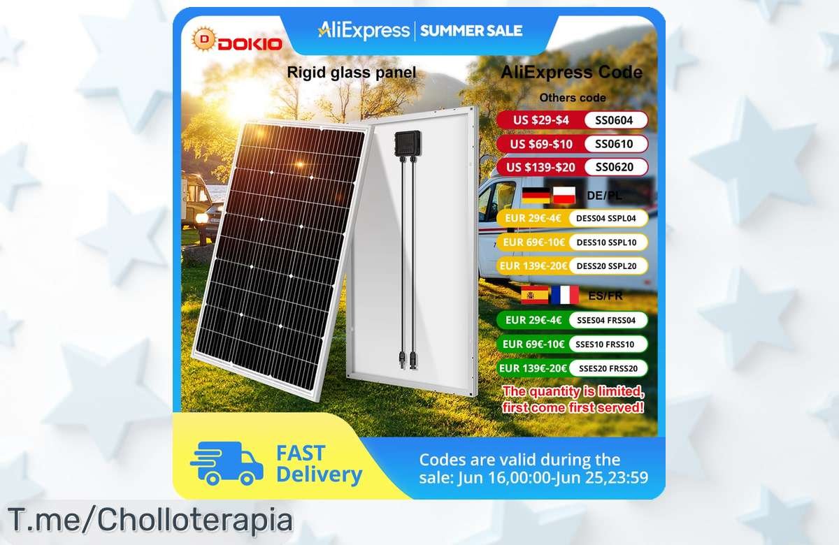 Panel solar Dokio 18V súper resistente con silicio monocristalino precio de ganga nunca visto ilumina tu hogar o camping oferta limitada corre y aprovecha este super chollo