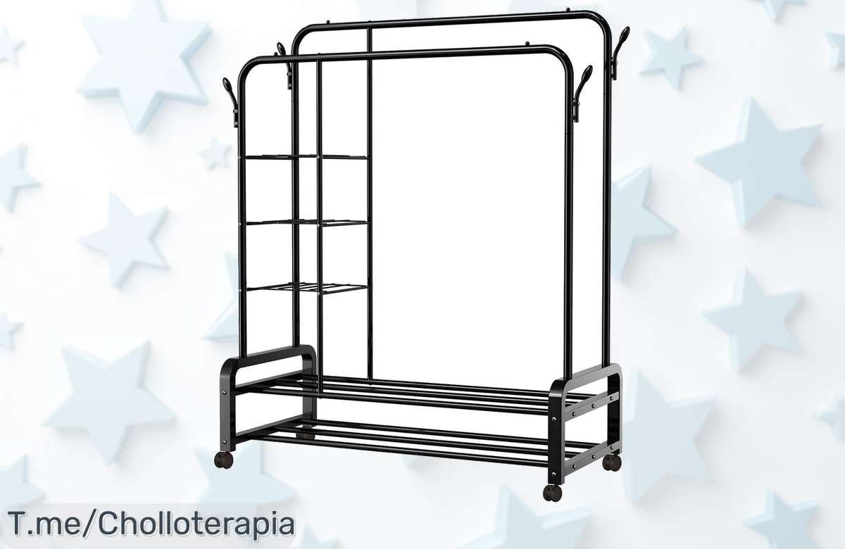 Perchero burro doble con ruedas y 3 baldas espacio extra ganchos laterales a precio loco aprovecha este ofertón descuento brutal limitado ¡no dejes que se escape!