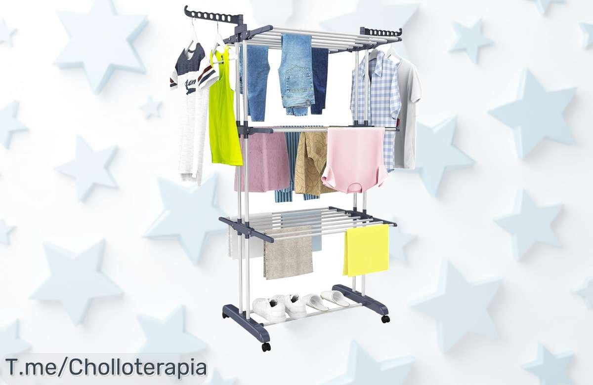 Tendedero plegable Mikomika acero inoxidable 4 niveles ruedas 360 ahorra espacio aguanta mucho peso super chollo con precio loco oferta brutal y limitada corre ya