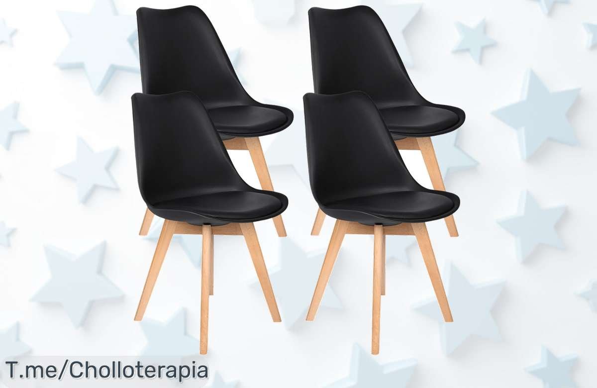 pack de 4 sillas nórdicas en madera con asiento súper cómodo y precio loco nunca visto aprovecha este ofertón único antes que se agote ¡corre ya por tu super chollo!